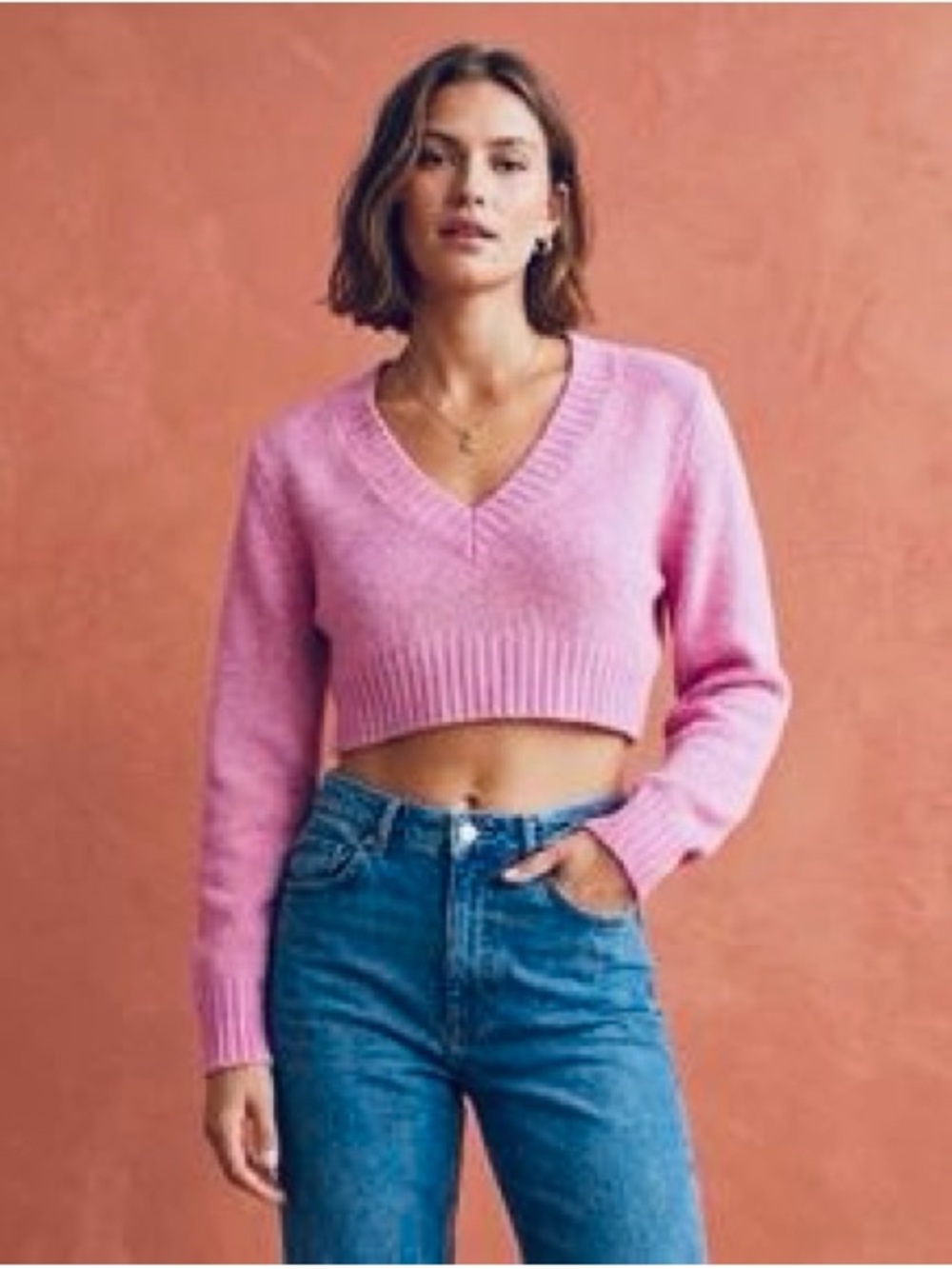 H&M s XL~LAVENDER PINK SOFT CROPPED V-NECK SWEATER ~LAYER WITH JACKET COAT JEANS